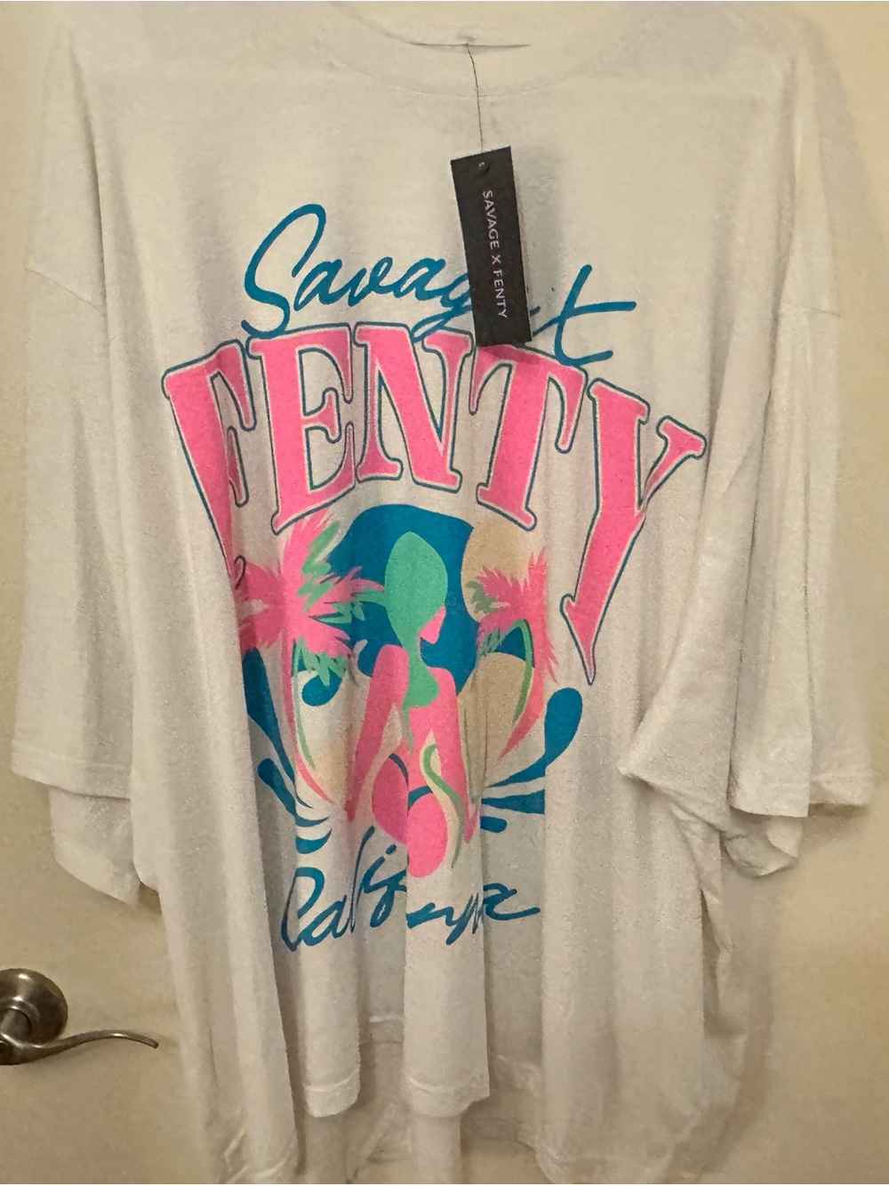 Savage X Fenty White Graphic Tee with Teal & Pink Accents